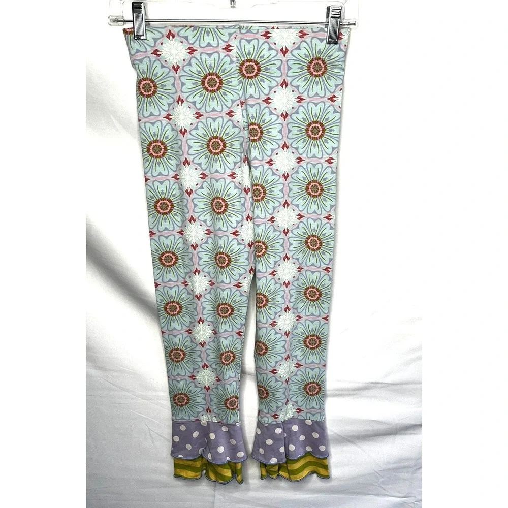 Matilda Jane Leggings Girls 12 Blue Floral Ruffle Hem Capri Pants Whimsical Cozy